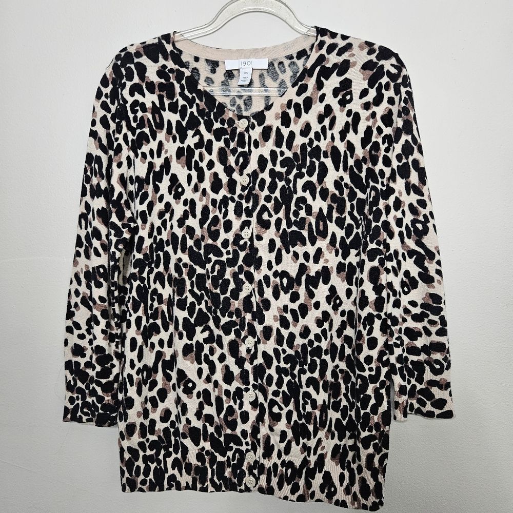 1901 Women's XS Leopard Print Button Front Cardigan Pima Cotton Blend